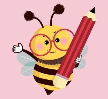 Cartoon image of a bee wearing glasses and holding a pencil.