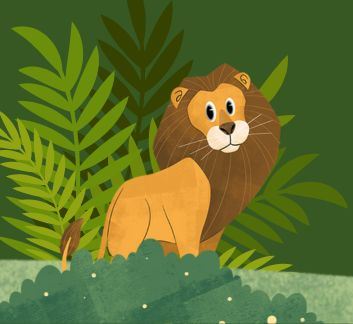 Primarily green jungle background with a cartoon lion looking at the viewer.