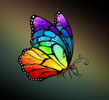 Side profile of butterfly with rainbow wings. Muted rainbow background.
