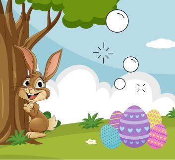 Bunny holding onto a tree and colorful eggs in front of a forest landscape.