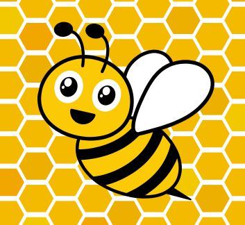 Cartoon bee in front of a background that has a yellow honeycomb pattern.
