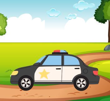 Park with grass and sky in background, police car in foreground.