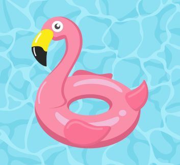 Water in the background, flamingo pool float in the foreground.