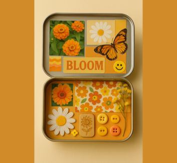 Altoids case filled with yellow and orange images and buttons. Orange background.