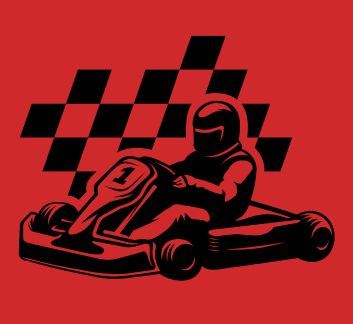 Red background with racecar driver and checkered racing flag