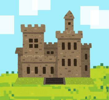 Blue sky and green grass background, gray castle in foreground