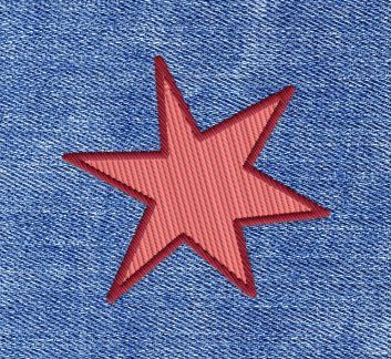 Denim blue jean background. Red starburst shaped fabric patch on top.