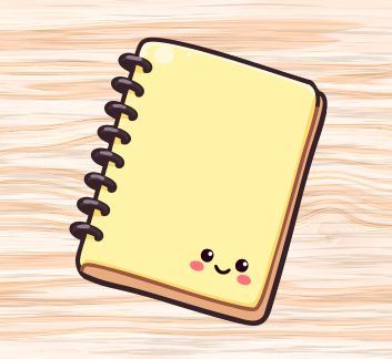 Woodgrain background with yellow journal in foreground. Smiley face on journal.