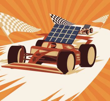 Orange and beige background. Racecar in foreground with solar panel on top.