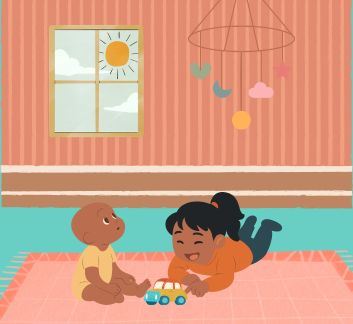 Pink and teal bedroom. An infant and a child are playing with toys in the foreground.