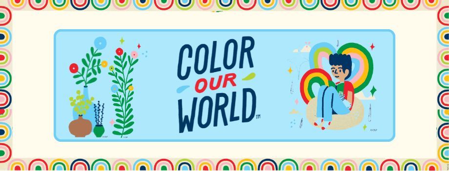Beige background with rainbow border. Kid reading, plants, and \"Color Our World\" text.